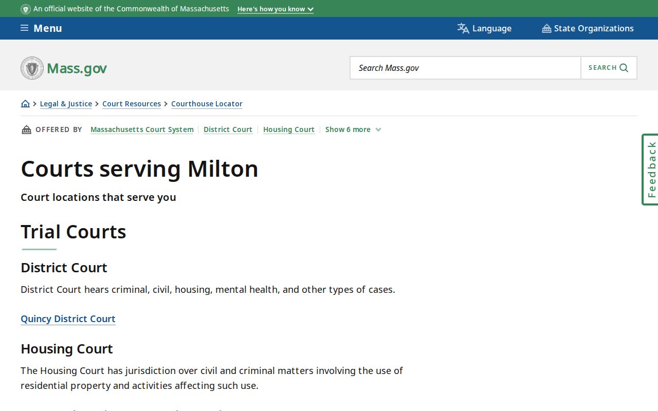 Milton residents directory court service information for Quincy and Norfolk County