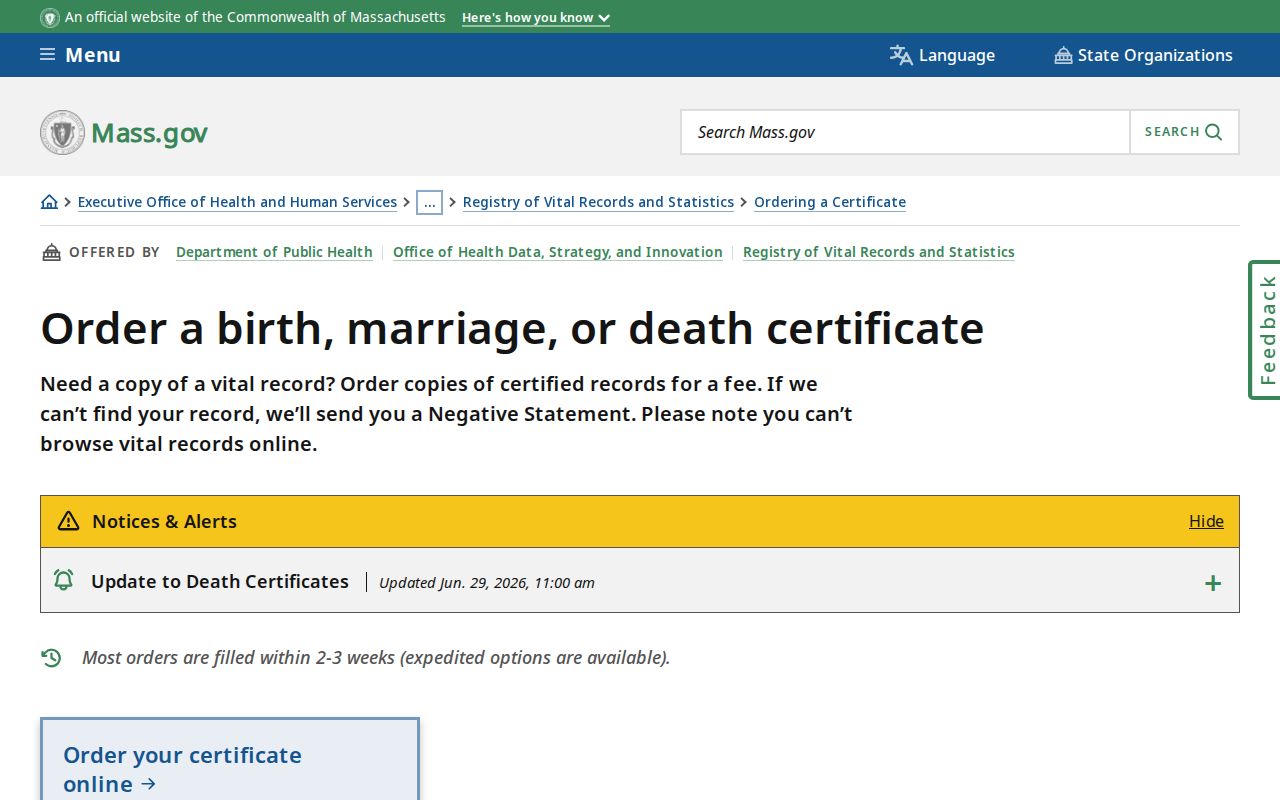 Milton resident lookup through Massachusetts vital-record certificate ordering
