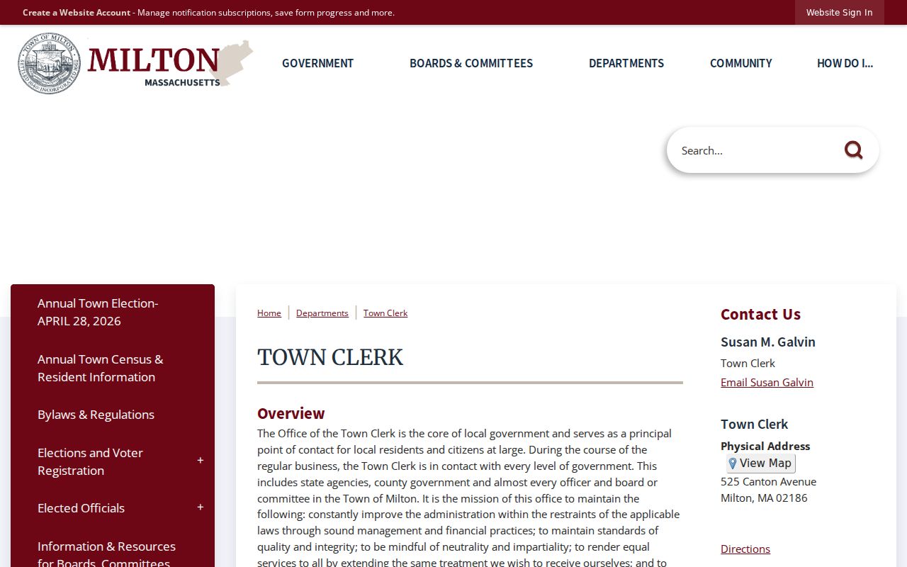 Milton residents directory Town Clerk records and office information